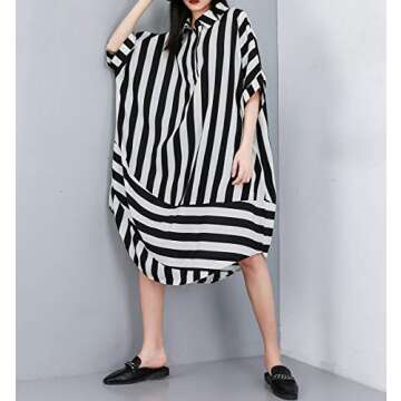 ellazhu Women's Summer Striped Long Blouse Dress Oversized and Baggy Fit GY1934 Stripe