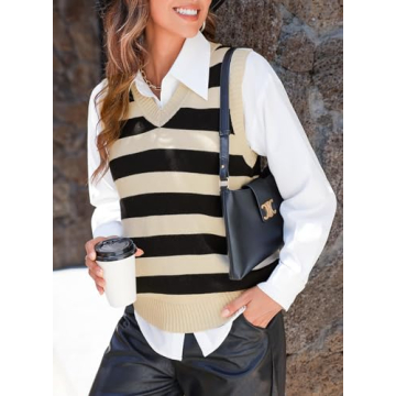EVALESS Sleeveless Sweaters for Women Casual Sweater Vest Spring Summer Outfits Casual V Neck Sweater Tops Loose Fit Sweater Tank Tops Knit Sweaters Women's Clothing Apricot Stripe Medium
