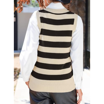 EVALESS Sleeveless Sweaters for Women Casual Sweater Vest Spring Summer Outfits Casual V Neck Sweater Tops Loose Fit Sweater Tank Tops Knit Sweaters Women's Clothing Apricot Stripe Medium