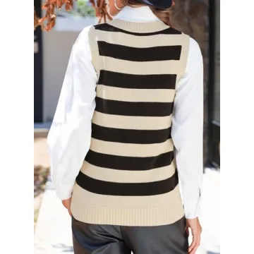 EVALESS Sleeveless Sweaters for Women Casual Sweater Vest Spring Summer Outfits Casual V Neck Sweater Tops Loose Fit Sweater Tank Tops Knit Sweaters Women's Clothing Apricot Stripe Medium