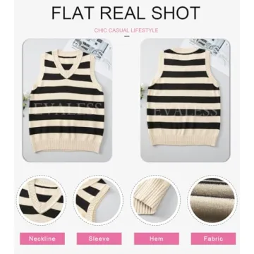 EVALESS Sleeveless Sweaters for Women Casual Sweater Vest Spring Summer Outfits Casual V Neck Sweater Tops Loose Fit Sweater Tank Tops Knit Sweaters Women's Clothing Apricot Stripe Medium