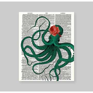 Susie Arts 8X10 Unframed Octopus with Rose Upcycled Vintage Dictionary Art Print Book Art Print Home...
