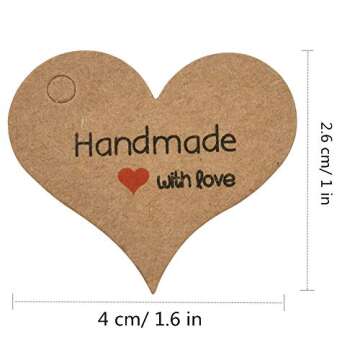 Handmade with Love Mini Gift Paper Tags, 200 pcs Heart-Shaped Brown Gift Labels with 99 ft Natural J...