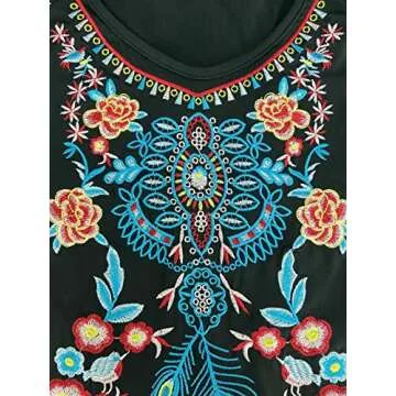 Melliflo Short Sleeve Mexican Tee Shirts for Women Floral Embroidered Loose Tops Ethnic Style Boho T-Shirts