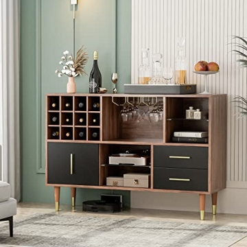 IKIFLY Walnut Black Sideboard with Wine Rack Storage