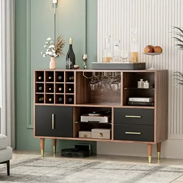 IKIFLY Walnut Black Sideboard with Wine Rack Storage