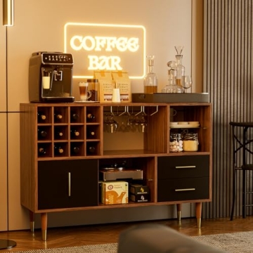 IKIFLY Walnut Black Sideboard with Wine Rack Storage
