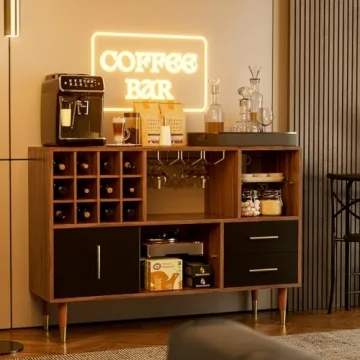 IKIFLY Walnut Black Sideboard with Wine Rack Storage