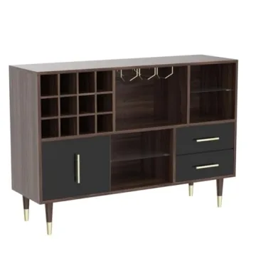 IKIFLY Walnut Black Sideboard with Wine Rack Storage