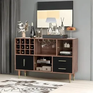 IKIFLY Walnut Black Sideboard with Wine Rack Storage