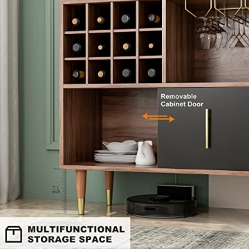 IKIFLY Walnut Black Sideboard with Wine Rack Storage