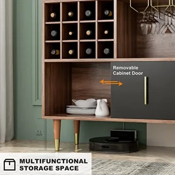 IKIFLY Walnut Black Sideboard with Wine Rack Storage