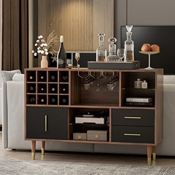 IKIFLY Walnut Black Sideboard with Wine Rack Storage