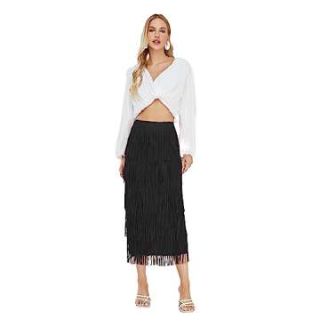 Kisidoo Women's High Waist Fringe Pencil Skirt - Stylish and Elegant