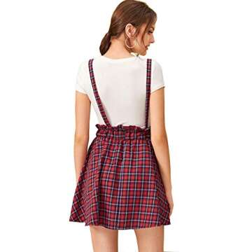SheIn Women's Classic Tartan Plaid High Waist Suspender Skater Flare Short Skirt Red Medium