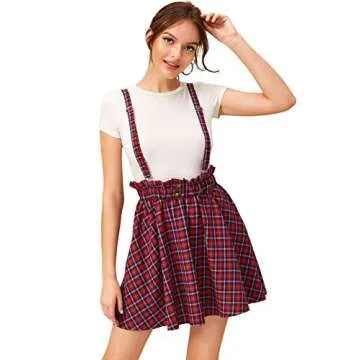 SheIn Women's Classic Tartan Plaid High Waist Suspender Skater Flare Short Skirt Red Medium