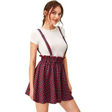 SheIn Women's Classic Tartan Plaid High Waist Suspender Skater Flare Short Skirt Red Medium