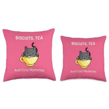 The Cozy Mystery Company Biscuits, Tea, and Cozy Cute Cat Cosy Mystery Throw Pillow, 18x18, Multicolor