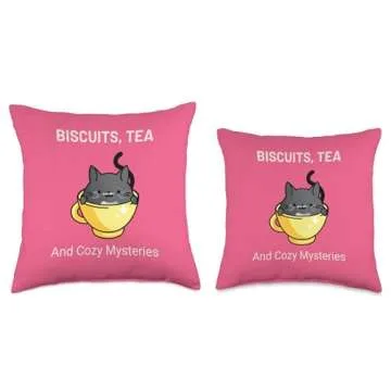 The Cozy Mystery Company Biscuits, Tea, and Cozy Cute Cat Cosy Mystery Throw Pillow, 18x18, Multicolor