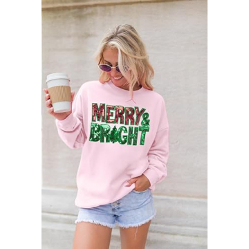 Christmas Sweatshirts for Women Merry and Bright Sweatshirt Sequin Merry Christmas Shirt Xmas Holiday Pullover Tops Pink
