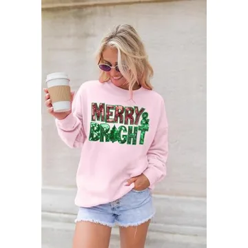 Christmas Sweatshirts for Women Merry and Bright Sweatshirt Sequin Merry Christmas Shirt Xmas Holiday Pullover Tops Pink