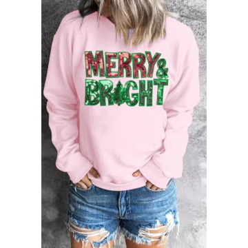Christmas Sweatshirts for Women Merry and Bright Sweatshirt Sequin Merry Christmas Shirt Xmas Holiday Pullover Tops Pink