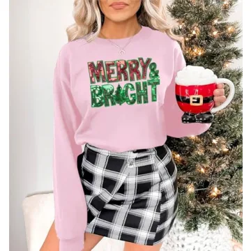 Christmas Sweatshirts for Women Merry and Bright Sweatshirt Sequin Merry Christmas Shirt Xmas Holiday Pullover Tops Pink