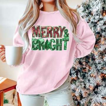 Christmas Sweatshirts for Women Merry and Bright Sweatshirt Sequin Merry Christmas Shirt Xmas Holiday Pullover Tops Pink