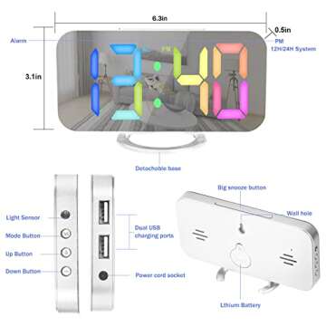U-pick Digital Alarm Clock, 6.6” LED Mirror Alarm Clock for Bedroom, Digital Clocks Large Display with Auto Dimming, 12/24H, Dual USB Charger Ports, Desk Clock for Bedroom Home Office Decor- White