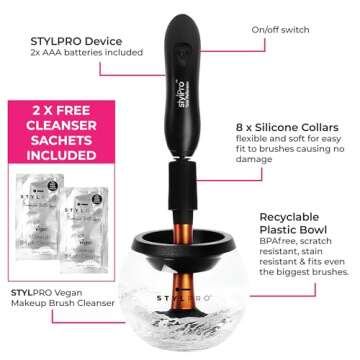 STYLPRO Electric Make-up Brush Cleaner & Dryer - Cleans and dries thoroughly in 30 seconds with gentle centrifugal technology. Suitable for all brush sizes, incl. vegan cleaner.