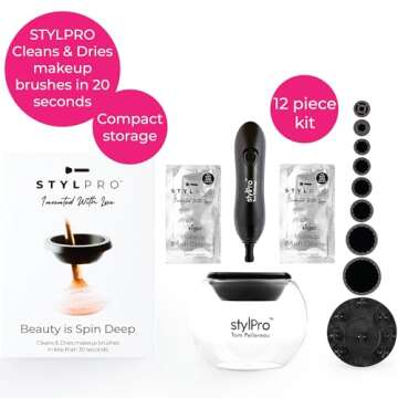 STYLPRO Electric Make-up Brush Cleaner & Dryer - Cleans and dries thoroughly in 30 seconds with gentle centrifugal technology. Suitable for all brush sizes, incl. vegan cleaner.