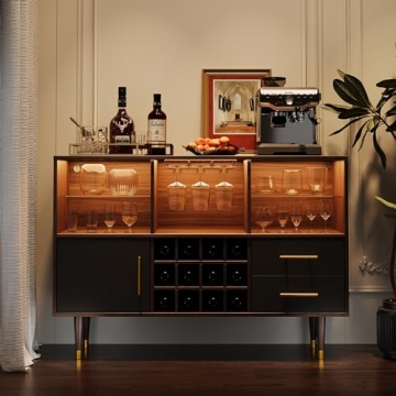 Svimi Bar Cabinet, 47 inch Walnut - Modern Cabinet with LED Light Charging Station, Buffet Table, Coffee Bar & Storage for Home Bar