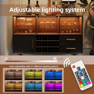 Svimi Bar Cabinet, 47 inch Walnut - Modern Cabinet with LED Light Charging Station, Buffet Table, Coffee Bar & Storage for Home Bar