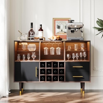Svimi Bar Cabinet, 47 inch Walnut - Modern Cabinet with LED Light Charging Station, Buffet Table, Coffee Bar & Storage for Home Bar