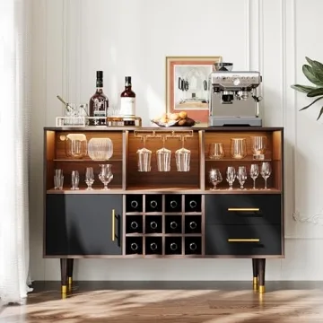 Svimi Bar Cabinet, 47 inch Walnut - Modern Cabinet with LED Light Charging Station, Buffet Table, Coffee Bar & Storage for Home Bar