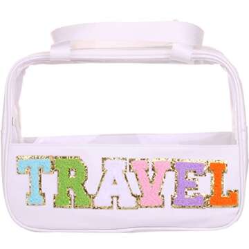 CRUOXIBB Chenille Letter Patch Clear PVC And PU leather Large Travel Makeup Toiletry Storage Bag Wat...