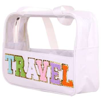 CRUOXIBB Chenille Letter Patch Clear PVC And PU leather Large Travel Makeup Toiletry Storage Bag Waterproof Makeup Tote Bag for Women (Travel-white)