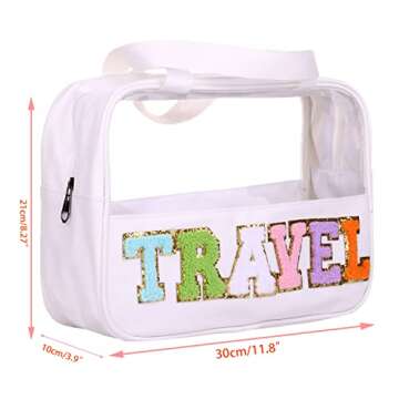 CRUOXIBB Chenille Letter Patch Clear PVC And PU leather Large Travel Makeup Toiletry Storage Bag Waterproof Makeup Tote Bag for Women (Travel-white)