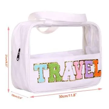 CRUOXIBB Chenille Letter Patch Clear PVC And PU leather Large Travel Makeup Toiletry Storage Bag Waterproof Makeup Tote Bag for Women (Travel-white)