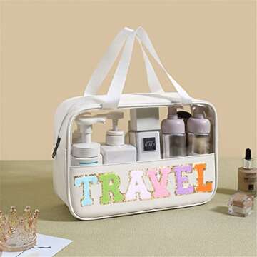 CRUOXIBB Chenille Letter Patch Clear PVC And PU leather Large Travel Makeup Toiletry Storage Bag Waterproof Makeup Tote Bag for Women (Travel-white)