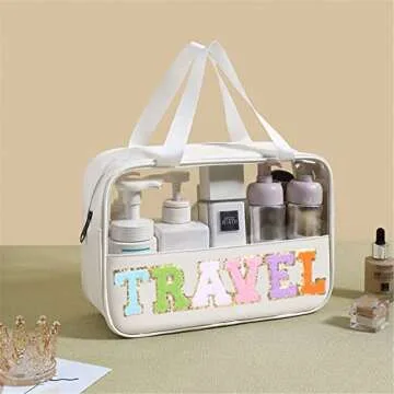 CRUOXIBB Chenille Letter Patch Clear PVC And PU leather Large Travel Makeup Toiletry Storage Bag Waterproof Makeup Tote Bag for Women (Travel-white)
