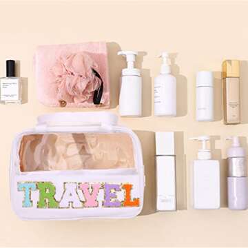 CRUOXIBB Chenille Letter Patch Clear PVC And PU leather Large Travel Makeup Toiletry Storage Bag Waterproof Makeup Tote Bag for Women (Travel-white)