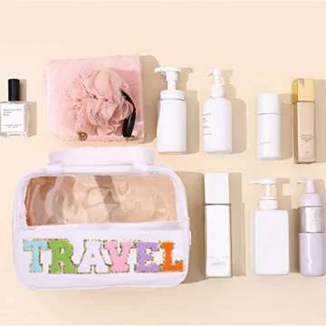 CRUOXIBB Chenille Letter Patch Clear PVC And PU leather Large Travel Makeup Toiletry Storage Bag Waterproof Makeup Tote Bag for Women (Travel-white)