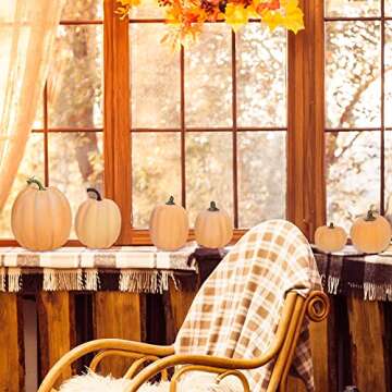 7 Pcs Assorted Sizes Artificial Fall Pumpkins Faux Orange Pumpkins Decorative Pumpkins Foam Pumpkins for Gifts Fall Baby Shower Wedding Thanksgiving Halloween Table Centerpiece Mantel Decor