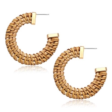 Rattan Earrings for Women Handmade Straw Wicker Braid Hoop Earrings Lightweight Geometric Statement ...