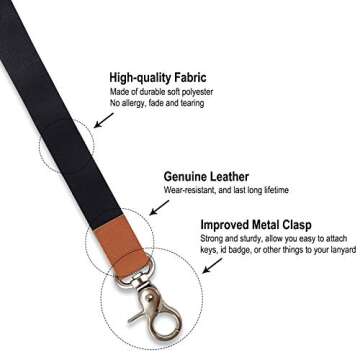 HONZUEN Long Neck Lanyard Leather Keychains with Metal Clasp, Sturdy Durable Women Men Id Badge Lany...