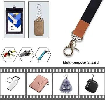 HONZUEN Long Neck Lanyard Leather Keychains with Metal Clasp, Sturdy Durable Women Men Id Badge Lanyard, Neck Lanyard Strap Ideal for Car Keys, Card Holder, Whistle, Keychain, Wallet