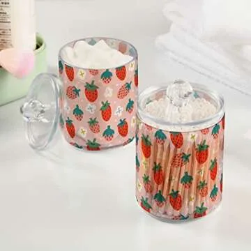 Kigai 2 Pack Apothecary Jars Cute Strawberry Qtip Holder Organizer Clear Airtight Container for Cotton Swabs Food Storage 14oz Plastic Jars with Lids