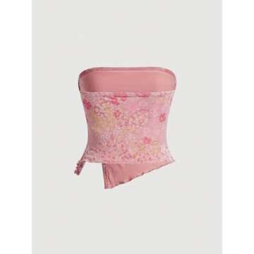 Milumia Women Floral Mesh Strapless Ruched Tube Top Split Hem Sleeveless Bandeau Crop Tops Dark Pink Small