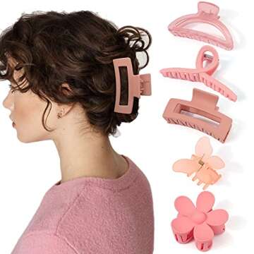 Ahoney 5 Pack Cute Pink Hair Clips 3.4-4.3 Inch Jaw Clips for Hair Big Hair Clamp Butterfly Flower P...